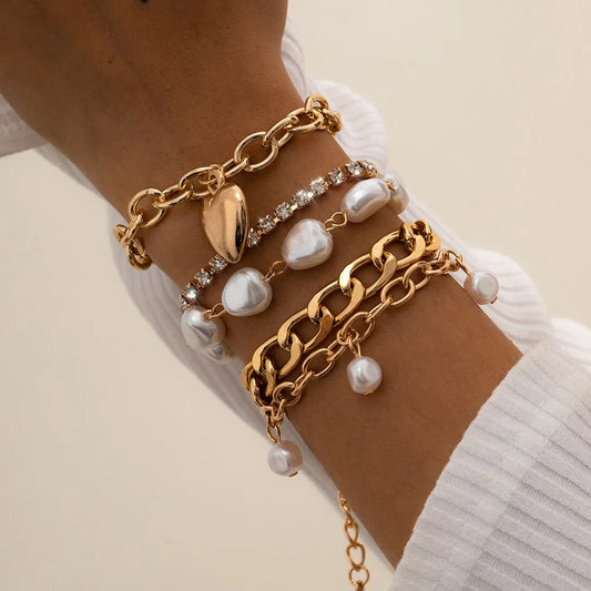 5Pcs/Set Vintage Heart Pendant Imitation-Pearl Cuban Chain Bracelet Women